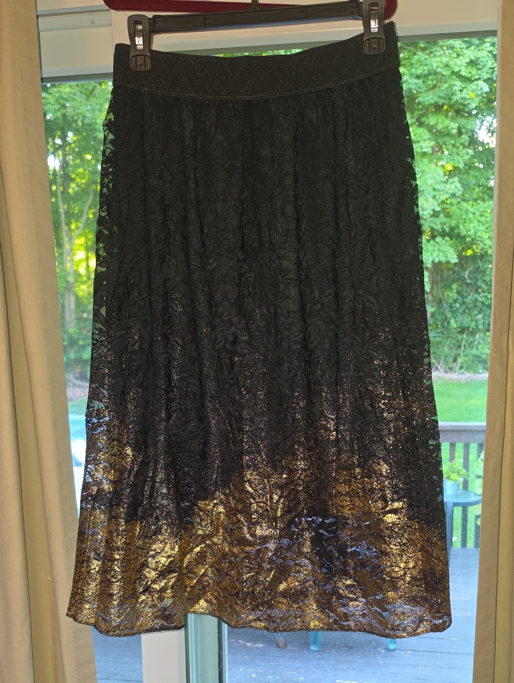 Womens Black Lace Midi Skirt with Gold Dipped Hem Accent